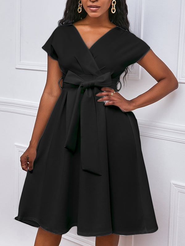 Bowknot Lace-up Color V-neck Midi Dresses