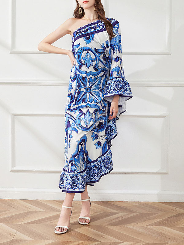 Batwing Sleeves Loose Asymmetric Falbala Printed One-shoulder Midi Dresses