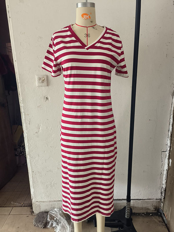 A-line Loose Printed Split-side Striped V-neck Midi Dresses