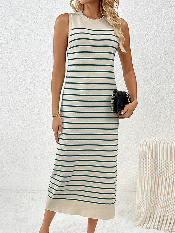 Loose Sleeveless Striped Round-neck Knit Dresses Midi Dresses