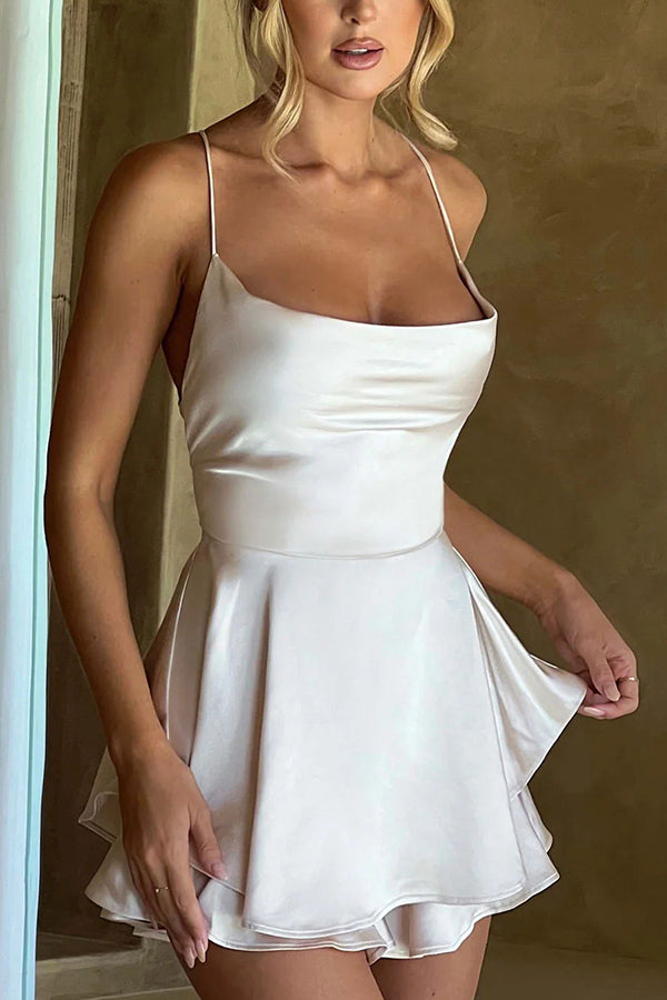 Ruffled Satin Strappy Satin Backless Lace Up Mini Dress
