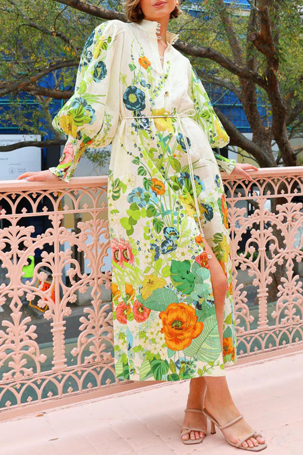Summer Party Print Balloon Sleeve Pocketed Belt Shirt Midi Dress