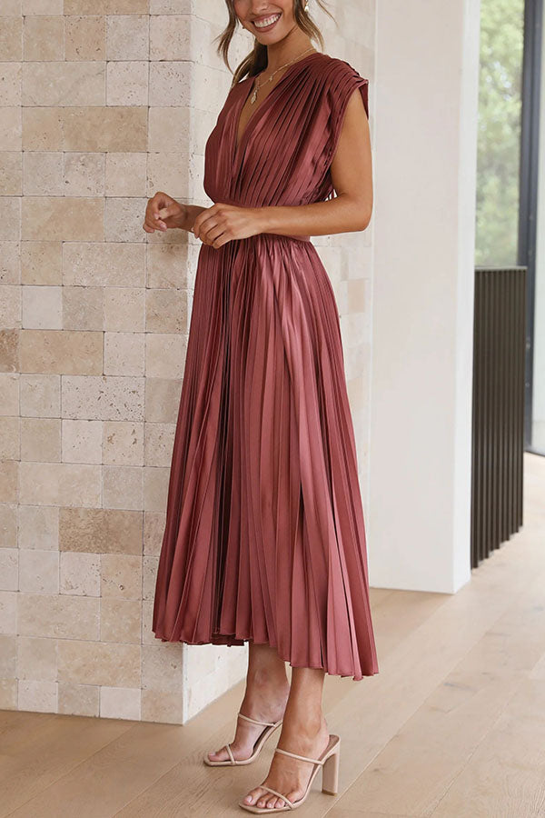 Hello Satin Pleated Midi Dress