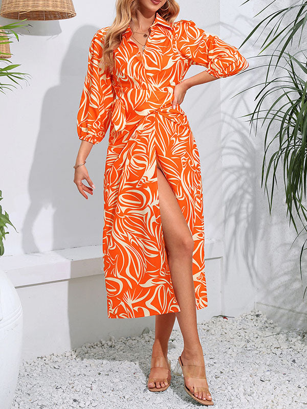 A-line High Waisted Elasticity Printed Tied Waist Lapel Midi Dresses Shirt Dress