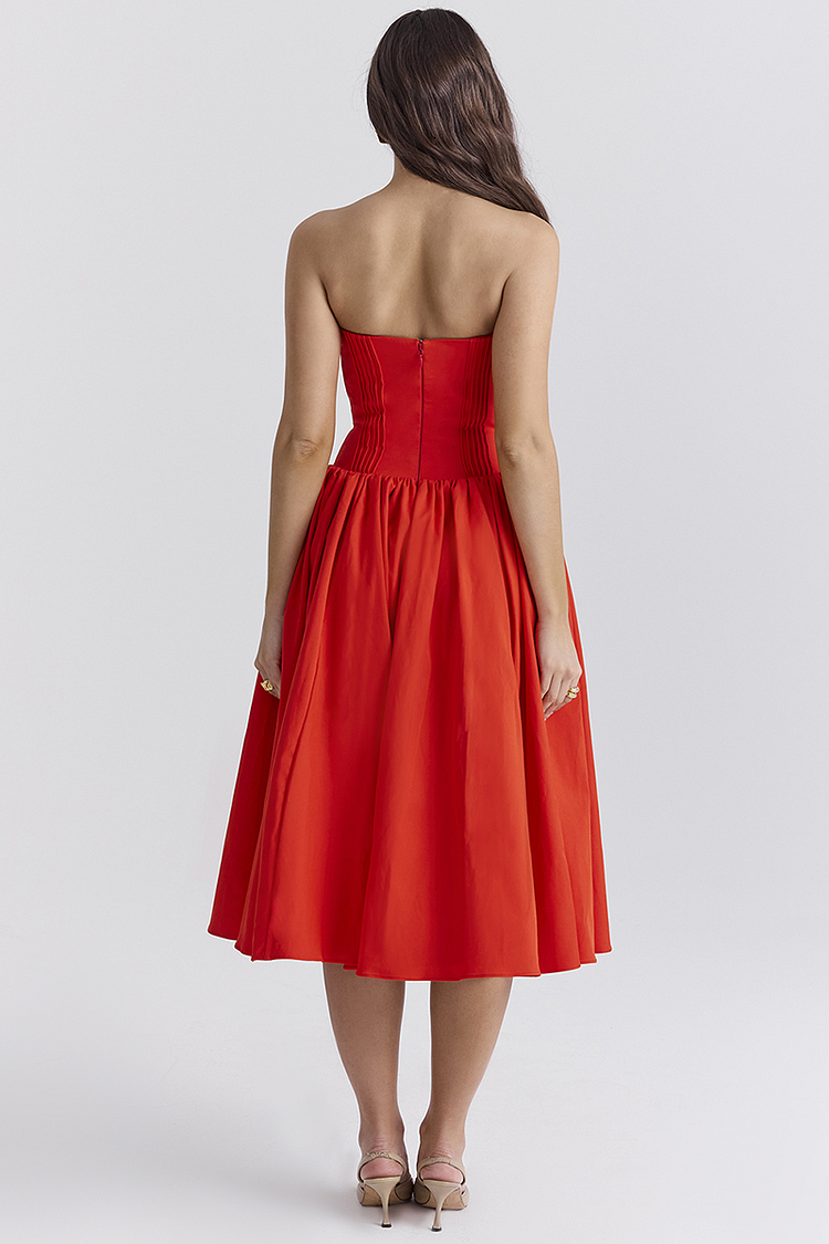 Strapless Corset Pleated Hem Prom Party Midi Dresses-red