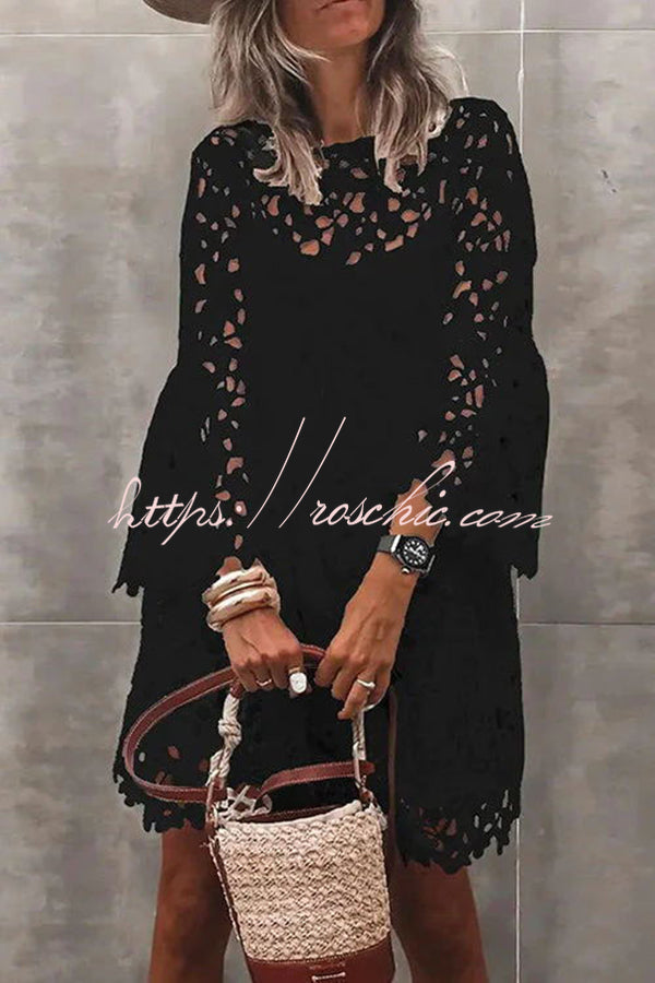Presence Crochet Lace Bell Sleeve Mini Dress