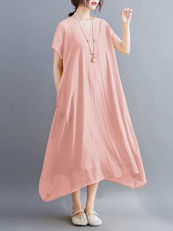 A-line Loose Color V-neck Midi Dresses