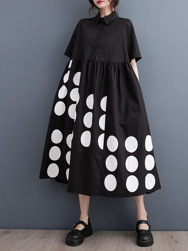 A-line Loose Buttoned Pockets Polka Dot Printed Lapel Midi Dresses