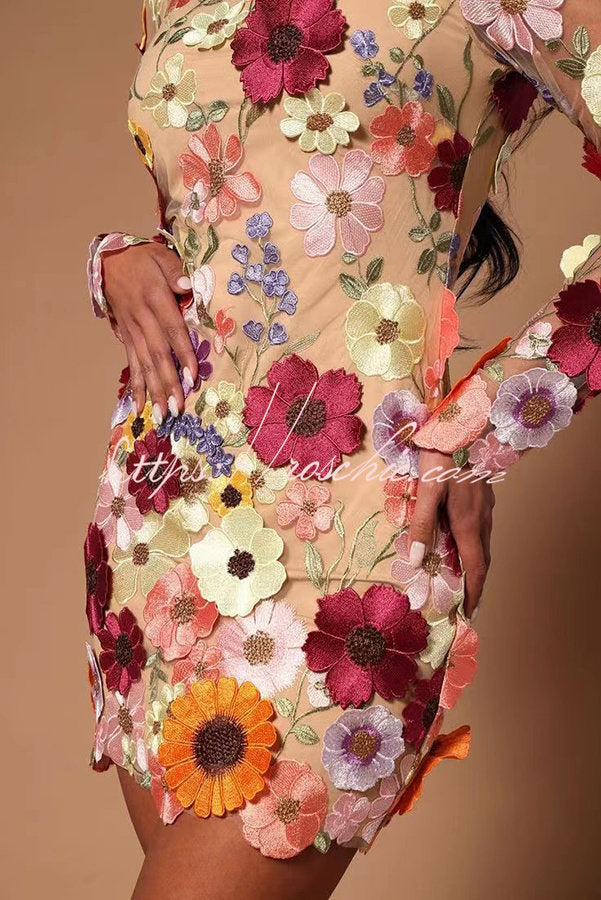 Elegantly Enchanted Applique Backless Long Sleeve Mini Dress