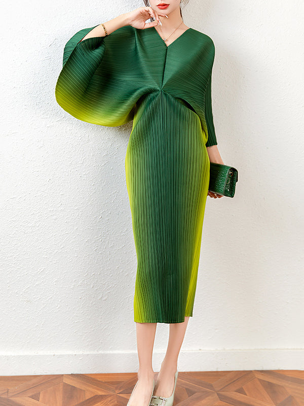 Loose Batwing Sleeves Gradient Pleated Midi Dress