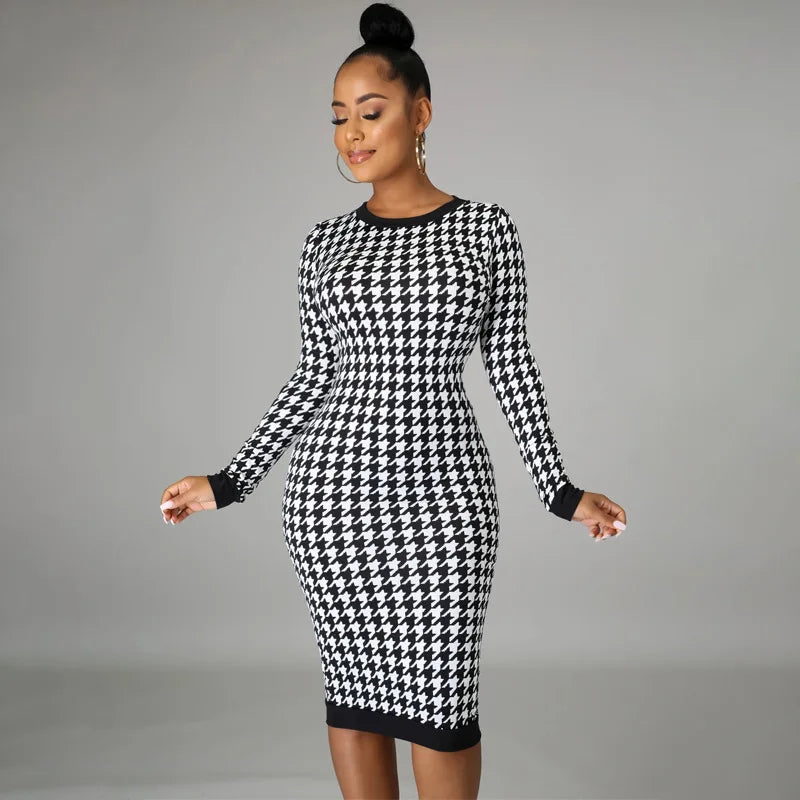 Houndstooth Print Long Sleeve Midi Dress Hollow Out Bodycon Autumn Winter Club Slim