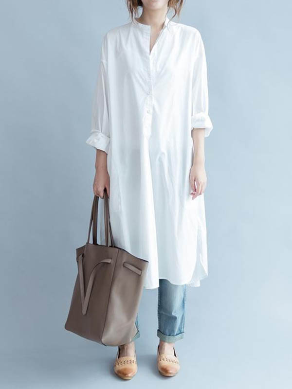 High-low Long Sleeves Buttoned Color Split-side Lapel Midi Dresses Shirt Dress