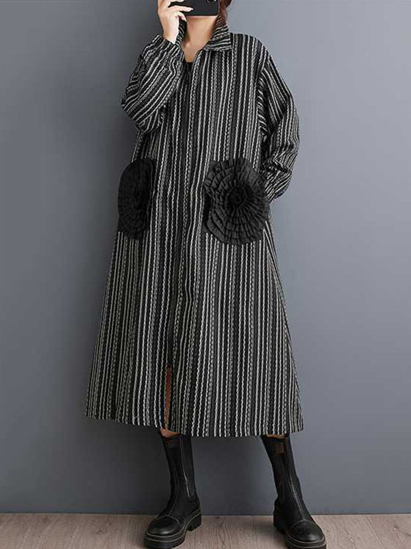 A-line Long Sleeves Elasticity Pockets Striped Zipper Lapel Midi Dresses