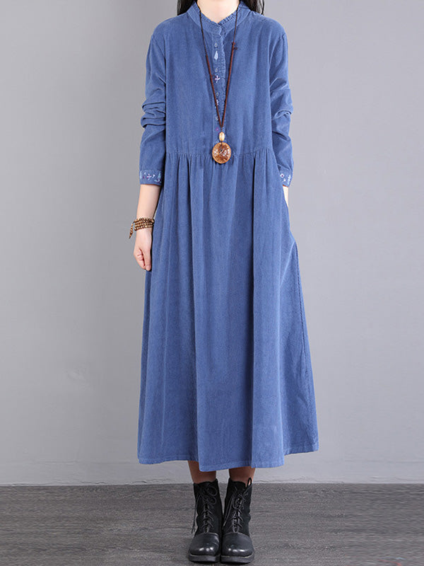 Corduroy Long Sleeves A-line Embroidered Round-neck Midi Dresses