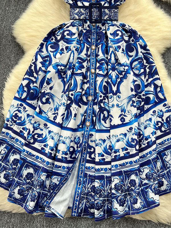 Sleeveless Belt Buckle Buttoned Contrast Color Printed Midi Dresses