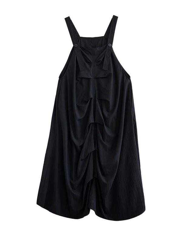 Design Black Square Neck Ruffle Pocket A-line Suspender Midi Dress Ws003