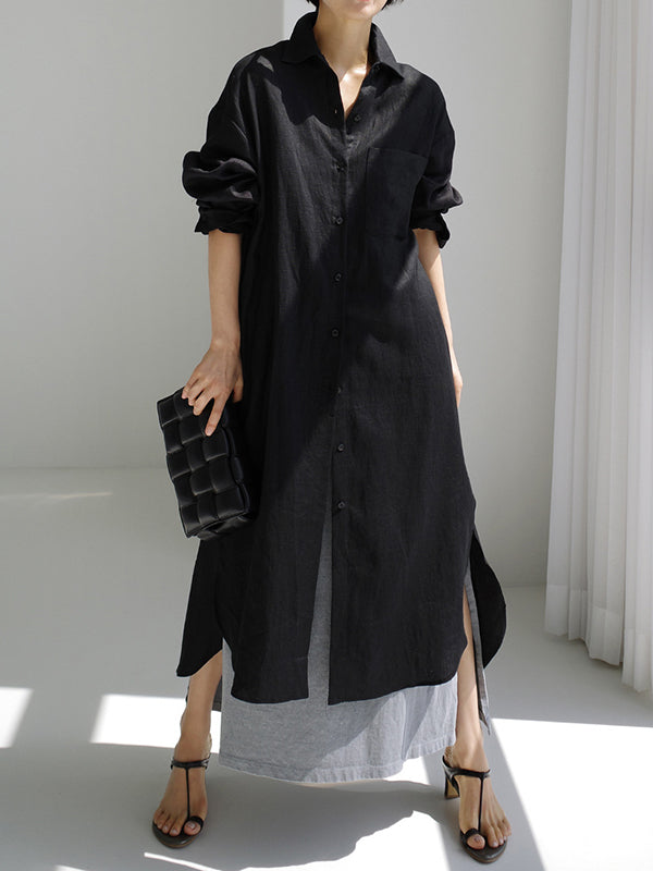 Simple Long Sleeves Split-side Color Lapel Midi Dresses Shirt Dress