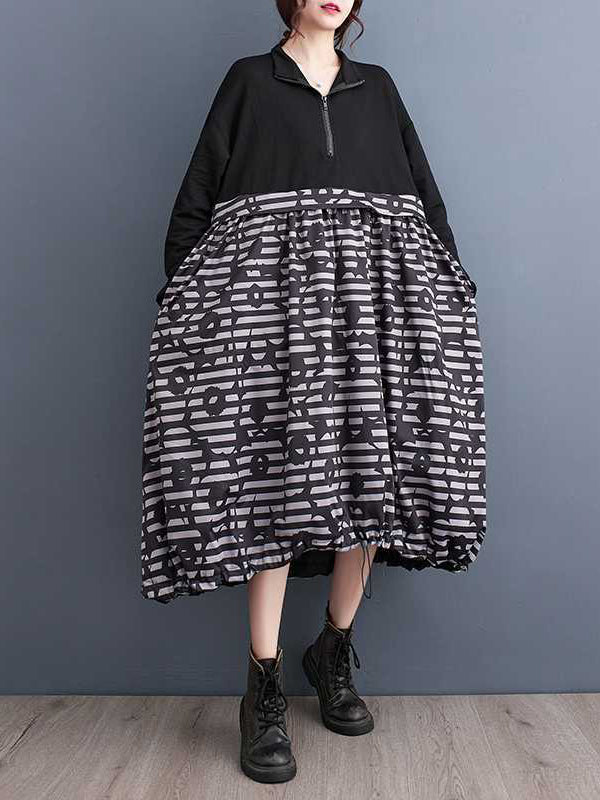 Long Sleeves Loose Drawstring Printed Split-joint Zipper Midi Dresses