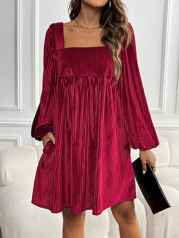 A-line High Waisted Pockets Color Split-joint Velvet Square-neck Mini Dresses