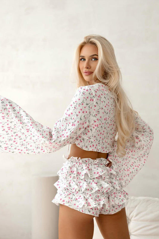 Tie Front Cropped Long Sleeve Ruffled Top Cake Shorts Two Piece Set