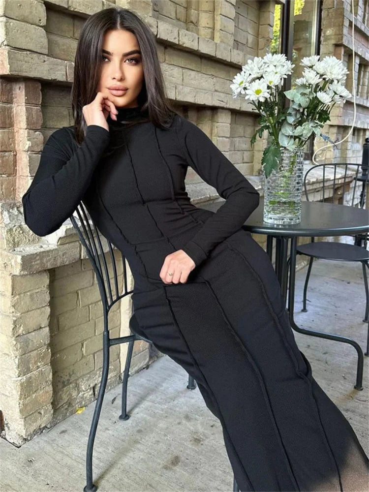 Knit Long Sleeve Patchwork Maxi Dress Female Slim Split Party Dress Long Dress