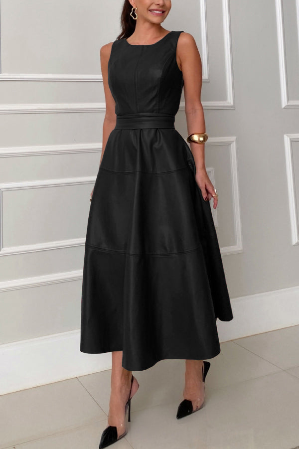 Ensemble Faux Leather Princess Line Back Zipper Umbrella Midi Dress
