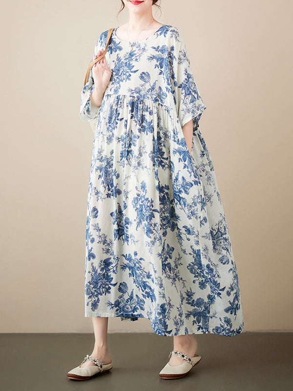 Loose Short Sleeves Printed Pleated Split-joint Round-neck Midi Dresses
