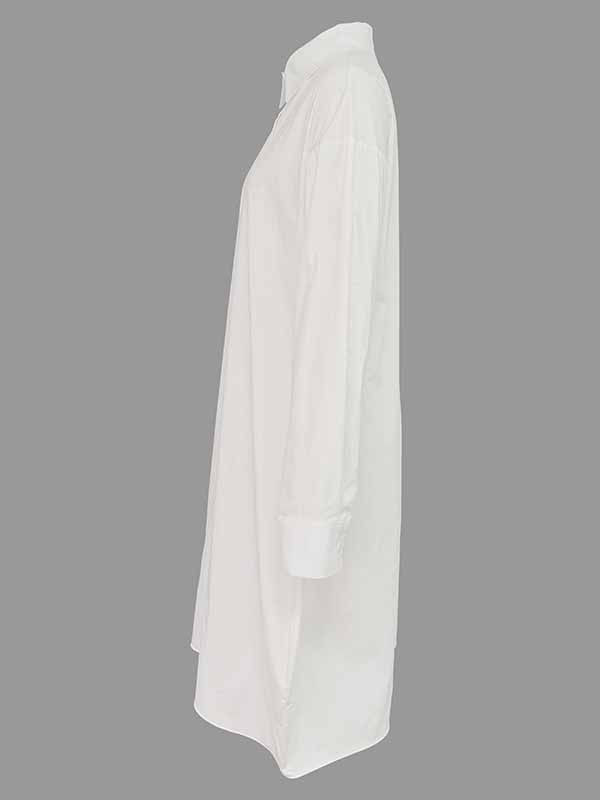 Long Sleeves Loose Pleated Color Split-joint Lapel Midi Dresses Shirt Dress