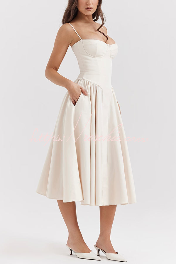 Color Slim Fit Suspender Pocket Midi Dress