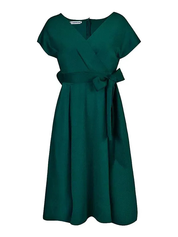 Bowknot Lace-up Color V-neck Midi Dresses