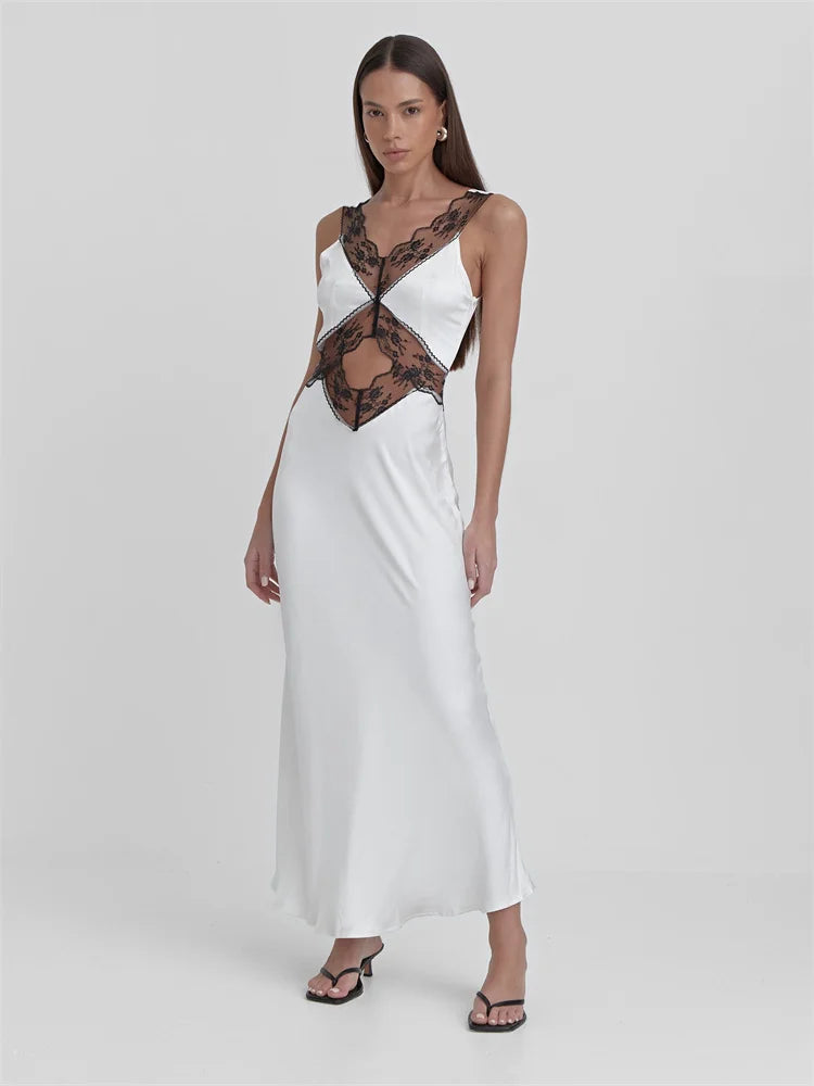 Lace Backless Hollow Out Maxi Dress for Patchwork Printed High Waist Party Dress Female Long Dress