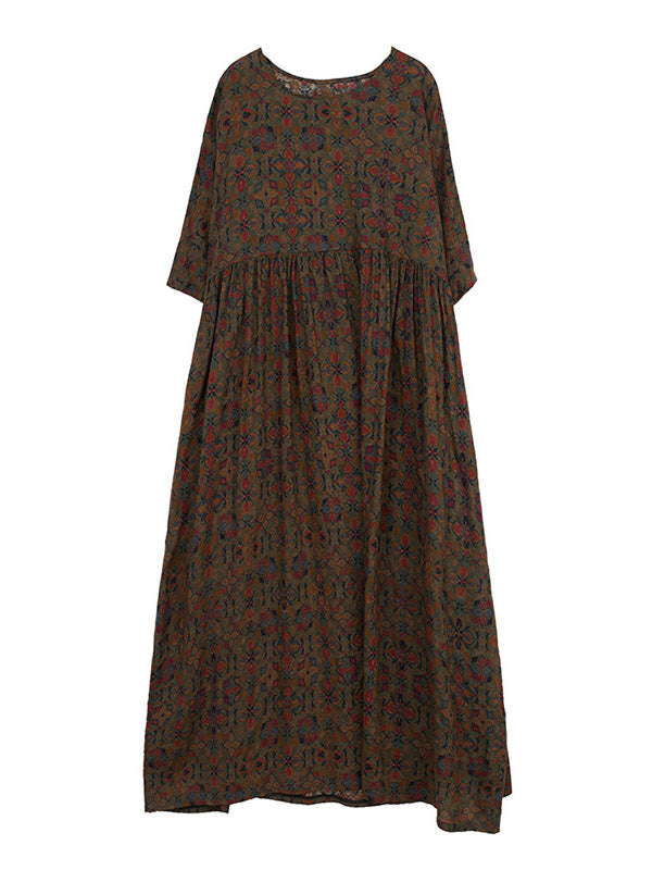 Vacation Loose Half Sleeves Printed Pleated Round-neck Midi Dresses