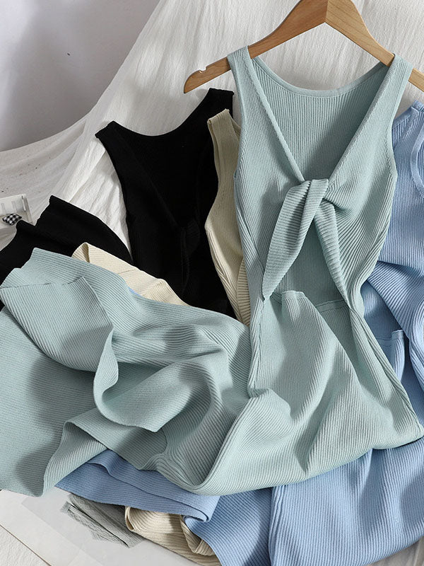 Bodycon Sleeveless Bowknot Hollow Color Midi Dresses