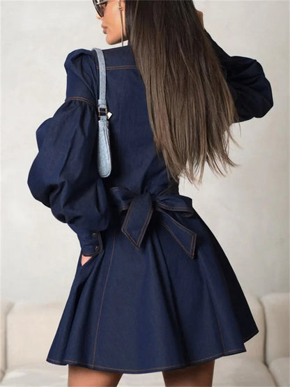 Lace-up Denim Mini Dress for Patchwork High Waist Bandage Jean Female Slim Dress Autumn