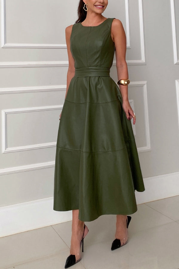 Ensemble Faux Leather Princess Line Back Zipper Umbrella Midi Dress