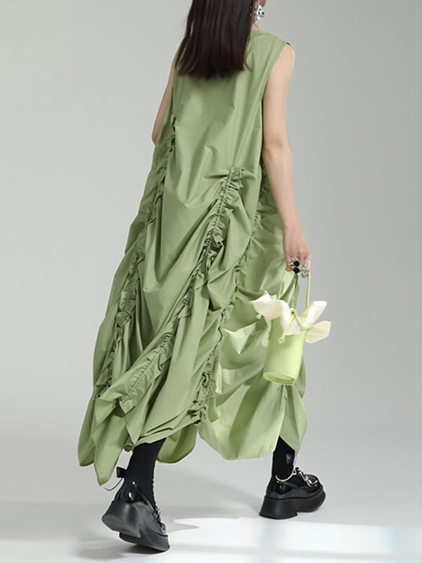 Loose Sleeveless Asymmetric Elasticity Pleated Color Round-neck Midi Dresses
