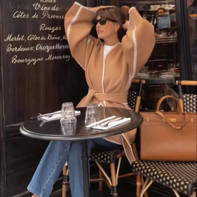 Lace Up Coat Winter Long Sleeve Deep V Nekc Femme Jackets Autumn Slim ’s Tweed Jacket New