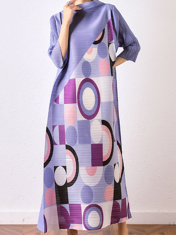 Loose Geometric Printed Pleated Midi Dress