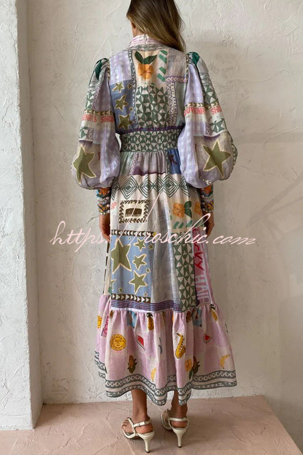 Playfully Unique Print Balloon Sleeve Smocked Waist Shirt Midi Dress