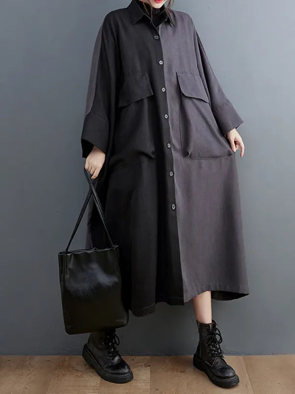 Long Sleeves Loose Buttoned Contrast Color Split-joint Lapel Collar Midi Dresses
