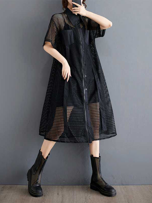 Half Sleeves Loose Hollow Color Split-joint Zipper Lapel Midi Dresses Shirt Dress