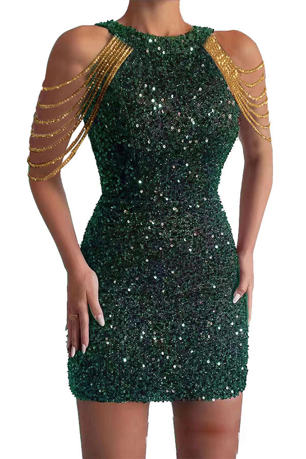 Looking at the Glamorous View Sequin Tassel Shoulder Cocktail Mini Dress