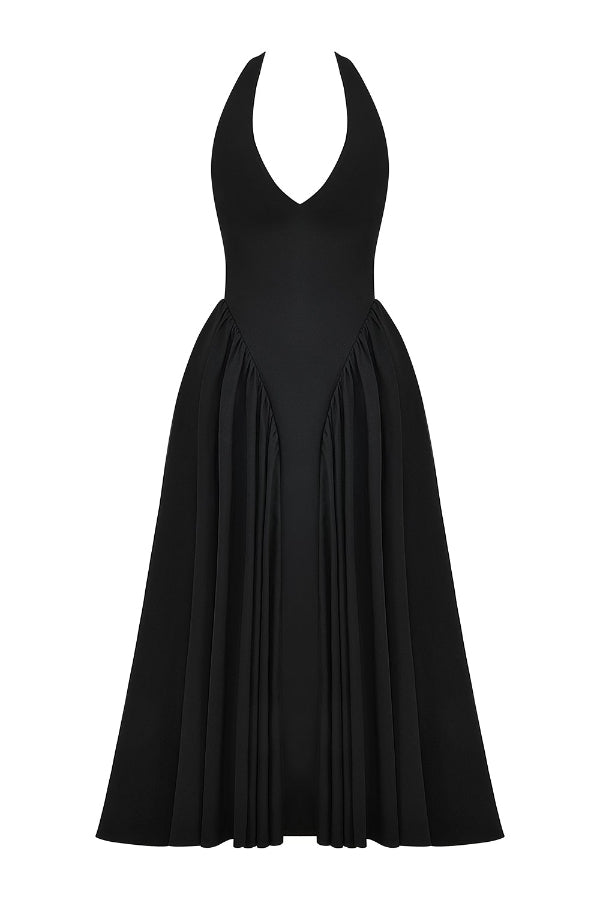 Halter Deep V Neck A-line Midi Dresses