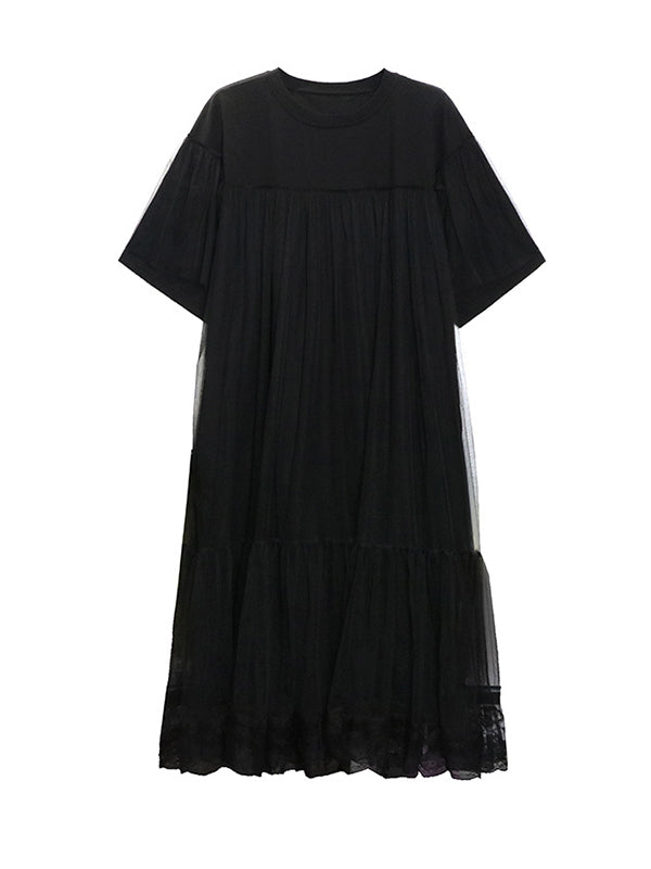 Fake Two-piece Loose Gauze Pleated Color Split-joint Tiered Round-neck Midi Dresses