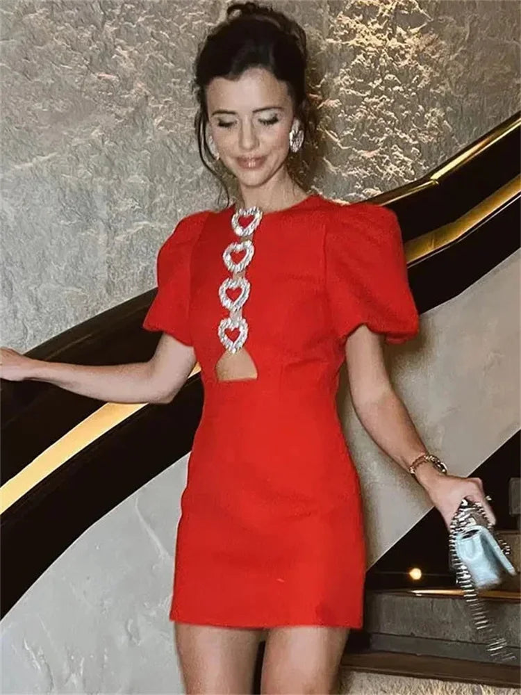 Bow Love Mini Dress Hollow Out Patchwork Short Sleeve Party Dress Female High Street Dress
