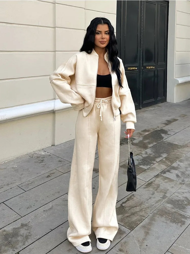 Lace Up Pant Sets Loose V Neck Cardigan Woman Autumn Winter Sports Pants 2 Piece Sets Outfits