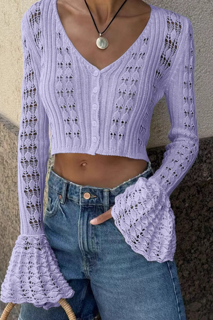 Cutout V-neck Short Long-sleeve Knit Cardigan