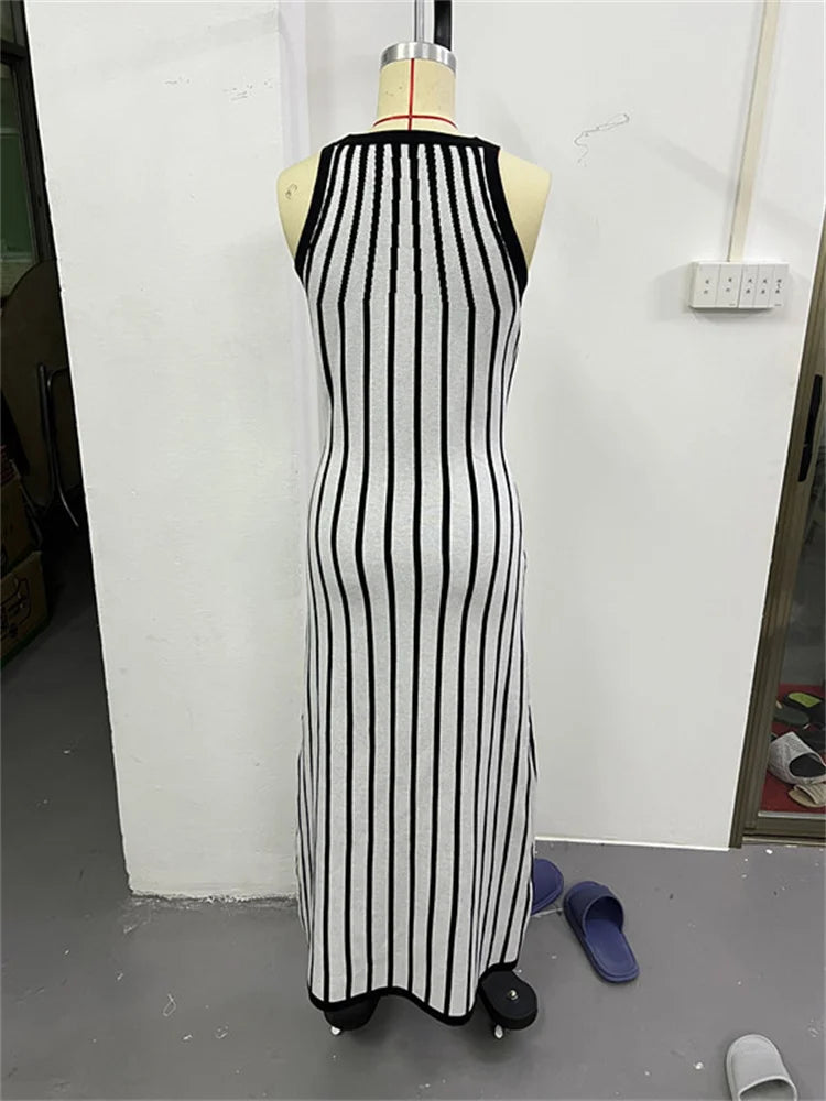 Zebra Printed Knit Long Dress ’s Sleeveless Contrast High Waist Autumn Party Dress Knitwear Clothes