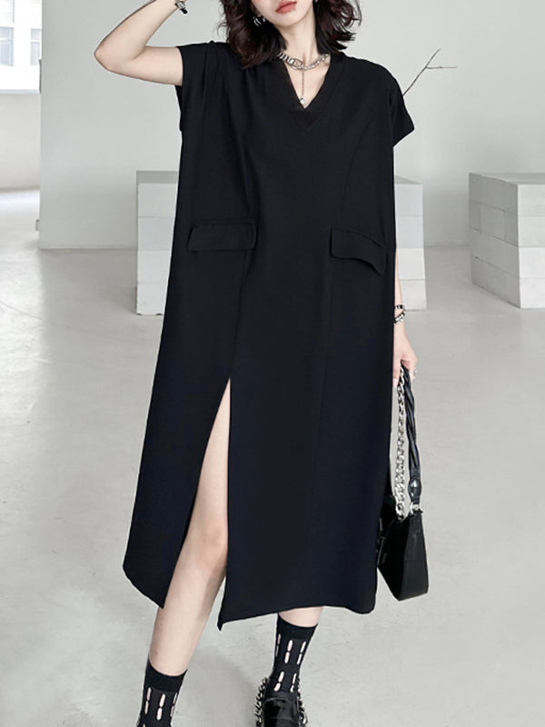 Loose Short Sleeves Asymmetric Color Split-joint Split-side V-neck Midi Dresses