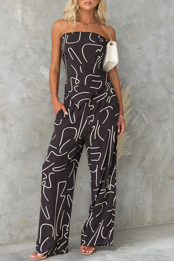 Fun Printed Off the Shoulder Top and Elastic Waist Pocket Pants Set